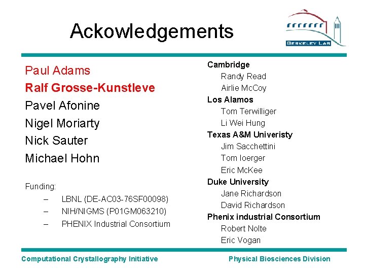 Ackowledgements Paul Adams Ralf Grosse-Kunstleve Pavel Afonine Nigel Moriarty Nick Sauter Michael Hohn Funding: Ackowledgements Paul Adams Ralf Grosse-Kunstleve Pavel Afonine Nigel Moriarty Nick Sauter Michael Hohn Funding:
