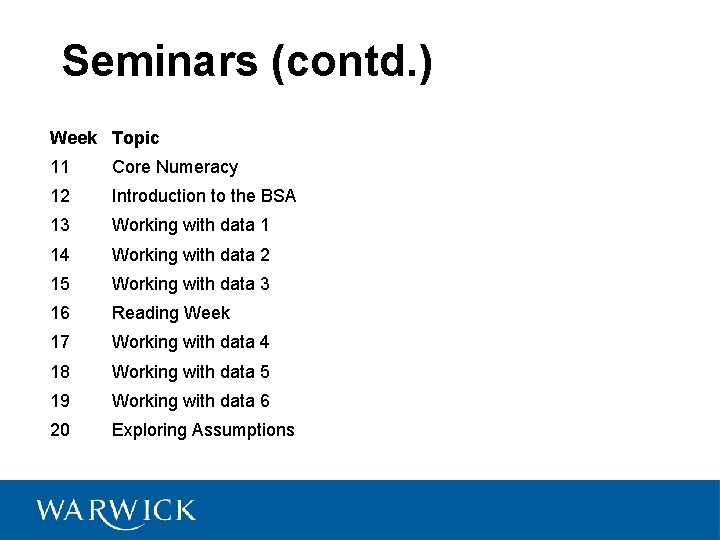 Seminars (contd. ) Week Topic 11 Core Numeracy 12 Introduction to the BSA 13