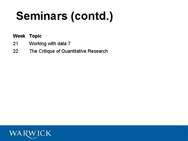 Seminars (contd. ) Week Topic 21 Working with data 7 22 The Critique of