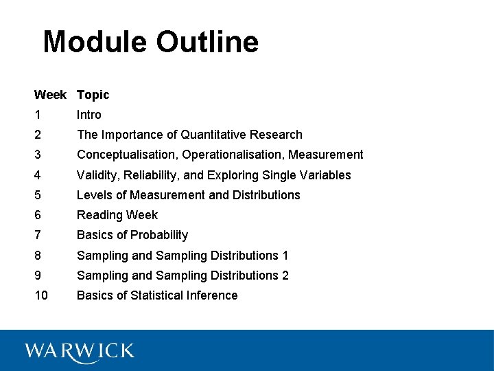 Module Outline Week Topic 1 Intro 2 The Importance of Quantitative Research 3 Conceptualisation,