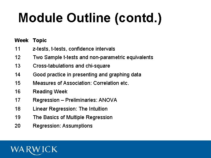 Module Outline (contd. ) Week Topic 11 z-tests, t-tests, confidence intervals 12 Two Sample