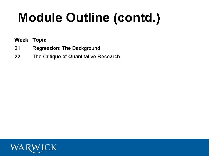 Module Outline (contd. ) Week Topic 21 Regression: The Background 22 The Critique of