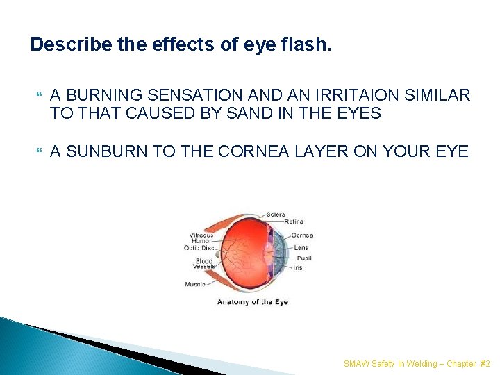 Describe the effects of eye flash. A BURNING SENSATION AND AN IRRITAION SIMILAR TO