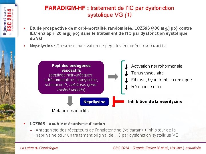 PARADIGM-HF : traitement de l’IC par dysfonction systolique VG (1) • Étude prospective de