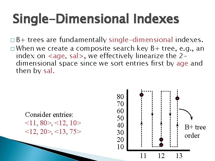 Single-Dimensional Indexes � B+ trees are fundamentally single-dimensional indexes. � When we create a