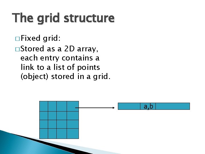 The grid structure � Fixed grid: � Stored as a 2 D array, each