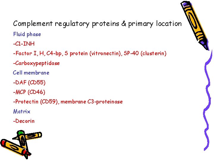 Complement regulatory proteins & primary location Fluid phase -C 1 -INH -Factor I, H,
