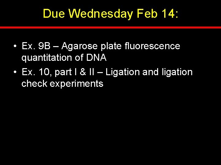 Due Wednesday Feb 14: • Ex. 9 B – Agarose plate fluorescence quantitation of