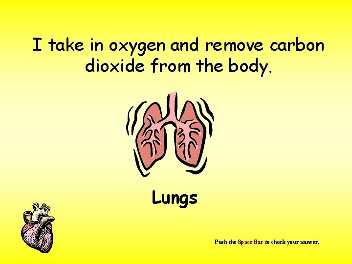 I take in oxygen and remove carbon dioxide from the body. Lungs Push the