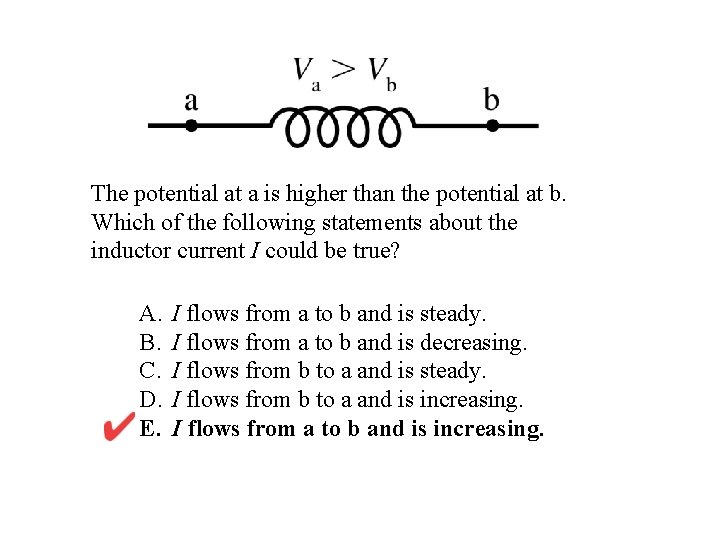 The potential at a is higher than the potential at b. Which of the