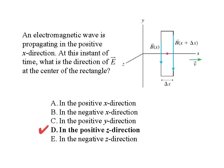 An electromagnetic wave is propagating in the positive x-direction. At this instant of time,