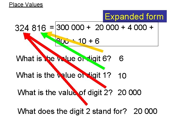 Place Values Expanded form 324 816 = 300 000 + 20 000 + 4