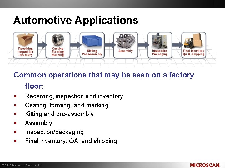 Automotive Applications Common operations that may be seen on a factory floor: § §