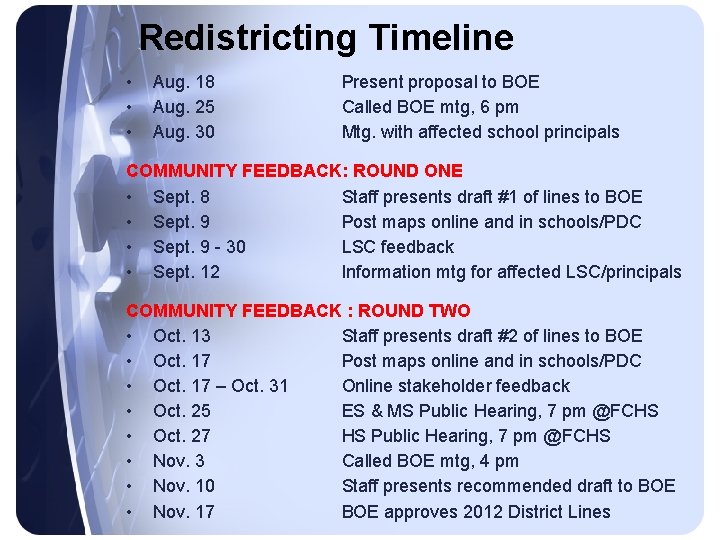 Redistricting Timeline • • • Aug. 18 Aug. 25 Aug. 30 Present proposal to