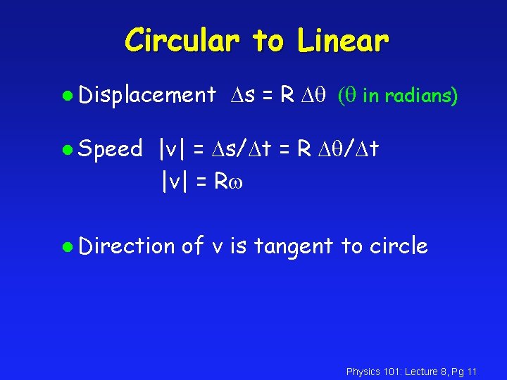 Circular to Linear l Displacement l Speed s = R ( in radians) |v|