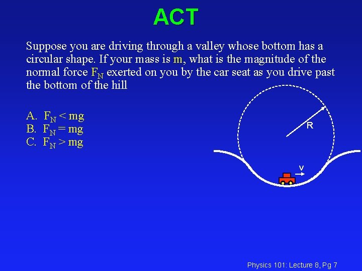 ACT Suppose you are driving through a valley whose bottom has a circular shape.
