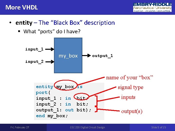 More VHDL • entity – The “Black Box” description § What “ports” do I More VHDL • entity – The “Black Box” description § What “ports” do I