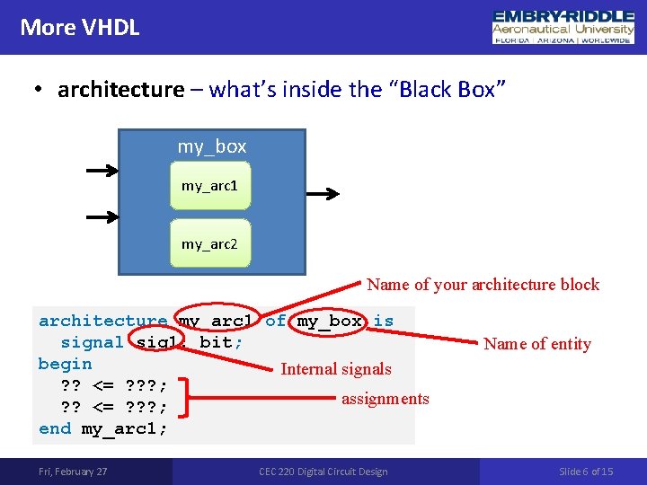 More VHDL • architecture – what’s inside the “Black Box” my_box my_arc 1 my_arc More VHDL • architecture – what’s inside the “Black Box” my_box my_arc 1 my_arc