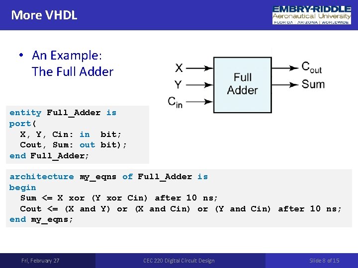 More VHDL • An Example: The Full Adder entity Full_Adder is port( X, Y, More VHDL • An Example: The Full Adder entity Full_Adder is port( X, Y,