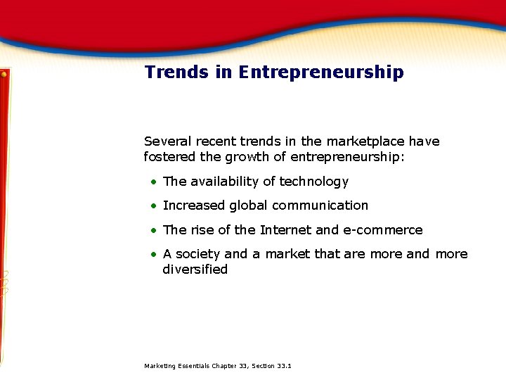 Trends in Entrepreneurship Several recent trends in the marketplace have fostered the growth of