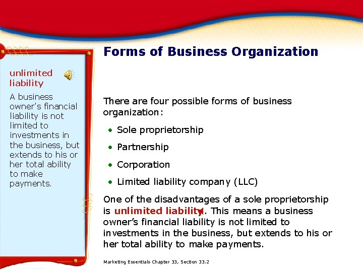 Forms of Business Organization unlimited liability A business owner’s financial liability is not limited