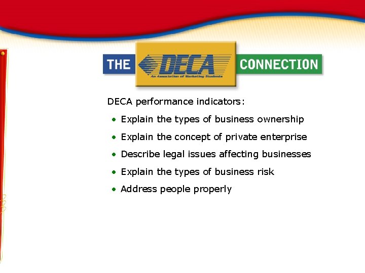 DECA performance indicators: • Explain the types of business ownership • Explain the concept