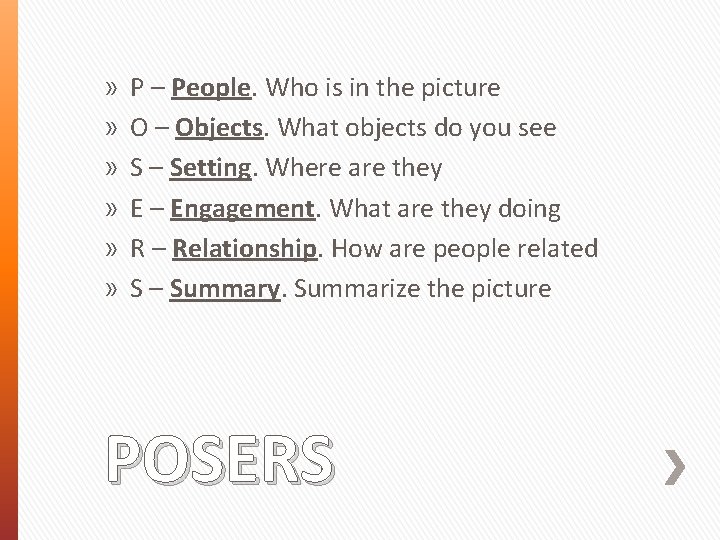 » » » P – People. Who is in the picture O – Objects.