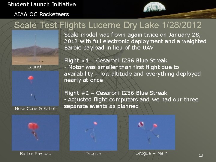 Student Launch Initiative AIAA OC Rocketeers Scale Test Flights Lucerne Dry Lake 1/28/2012 Scale