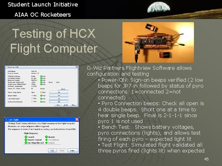 Student Launch Initiative AIAA OC Rocketeers Testing of HCX Flight Computer G-Wiz Partners Flightview