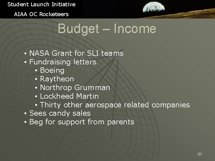 Student Launch Initiative AIAA OC Rocketeers Budget – Income • NASA Grant for SLI