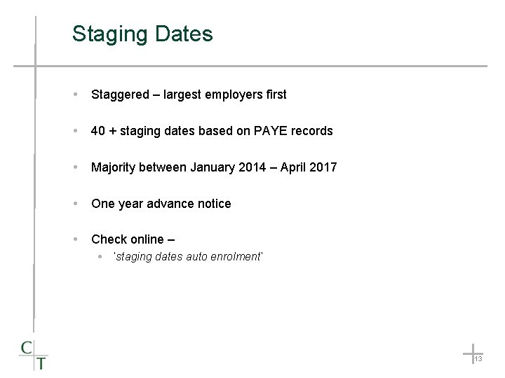 Staging Dates Staggered – largest employers first 40 + staging dates based on PAYE