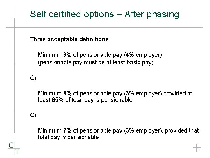 Self certified options – After phasing Three acceptable definitions Minimum 9% of pensionable pay