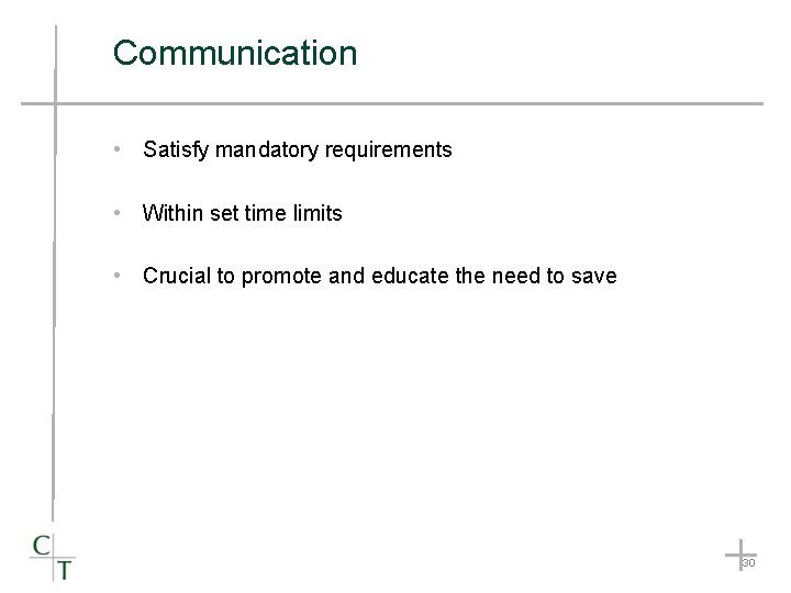 Communication • Satisfy mandatory requirements • Within set time limits • Crucial to promote