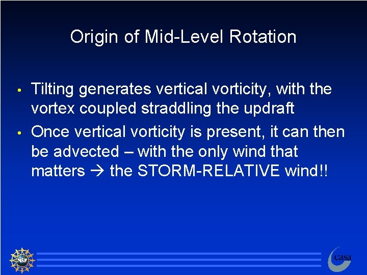 Origin of Mid-Level Rotation • • Tilting generates vertical vorticity, with the vortex coupled