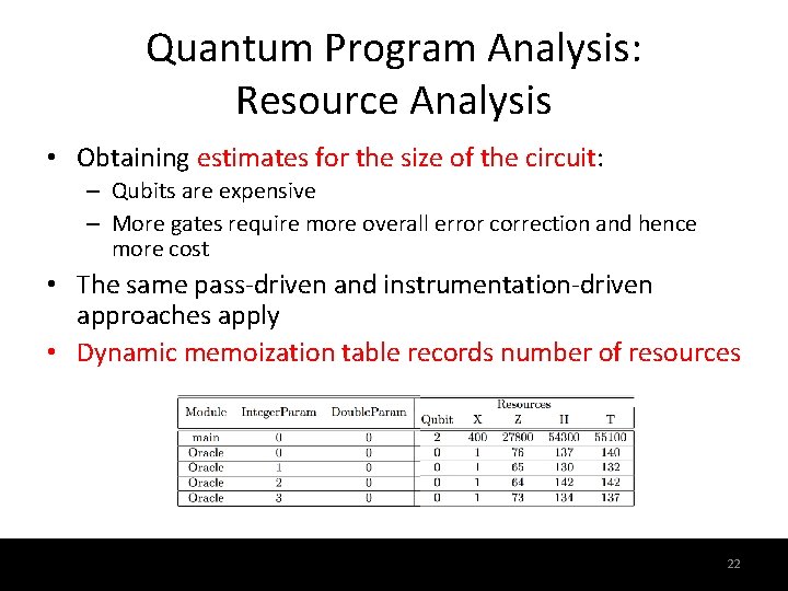Quantum Program Analysis: Resource Analysis • Obtaining estimates for the size of the circuit: