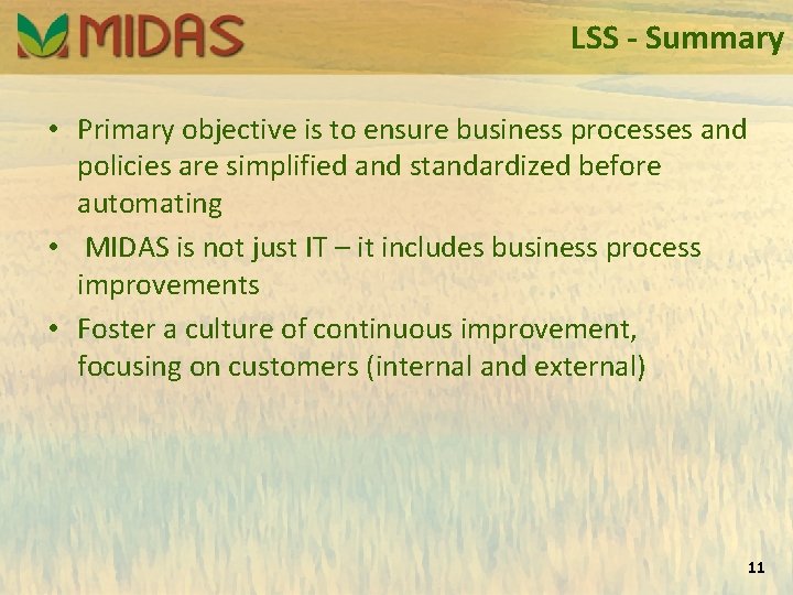 LSS - Summary • Primary objective is to ensure business processes and policies are