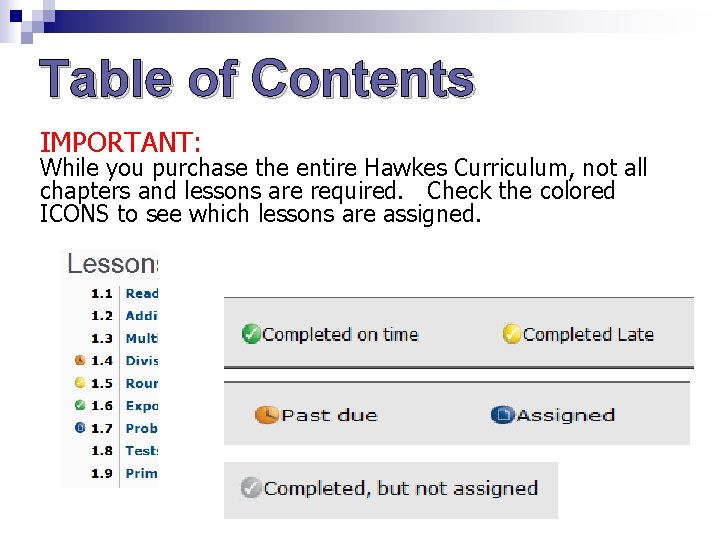 Table of Contents IMPORTANT: While you purchase the entire Hawkes Curriculum, not all chapters Table of Contents IMPORTANT: While you purchase the entire Hawkes Curriculum, not all chapters
