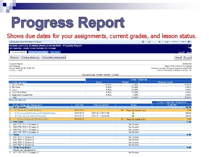 Progress Report Shows due dates for your assignments, current grades, and lesson status. Progress Report Shows due dates for your assignments, current grades, and lesson status.