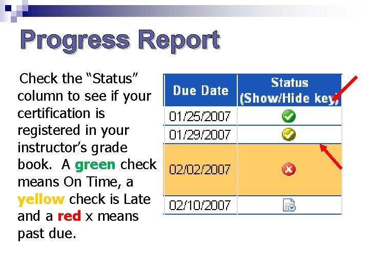 Progress Report Check the “Status” column to see if your certification is registered in Progress Report Check the “Status” column to see if your certification is registered in
