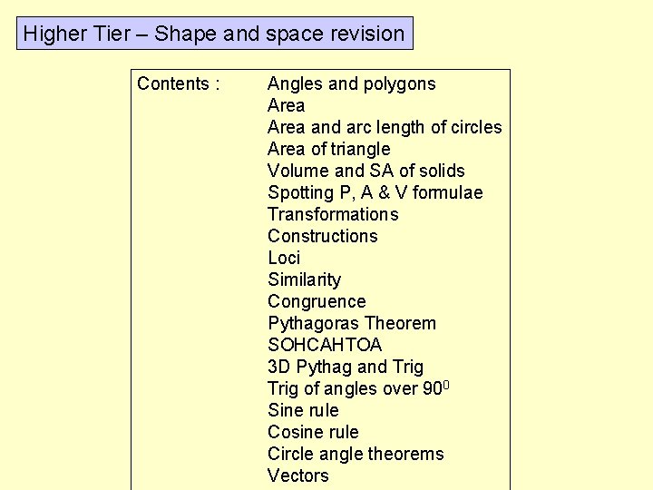 Higher Tier – Shape and space revision Contents : Angles and polygons Area and