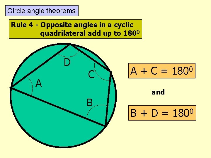 Circle angle theorems Rule 4 - Opposite angles in a cyclic quadrilateral add up