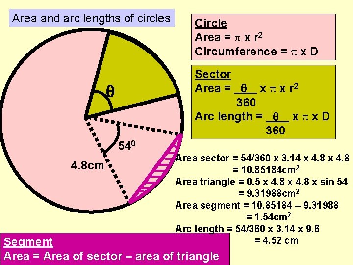 Area and arc lengths of circles Circle Area = x r 2 Circumference =