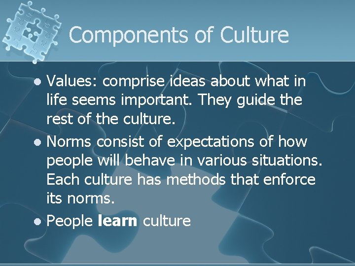 Components of Culture Values: comprise ideas about what in life seems important. They guide