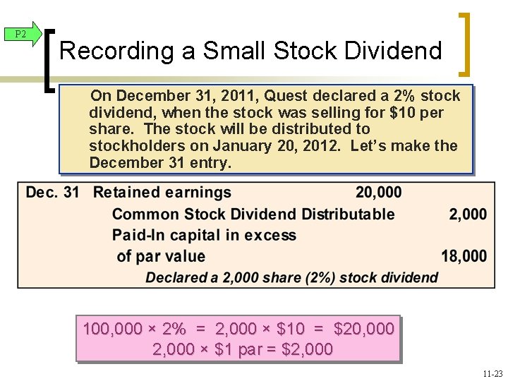 P 2 Recording a Small Stock Dividend On December 31, 2011, Quest declared a