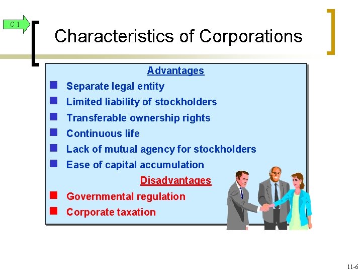 C 1 Characteristics of Corporations Advantages n n n Separate legal entity Limited liability