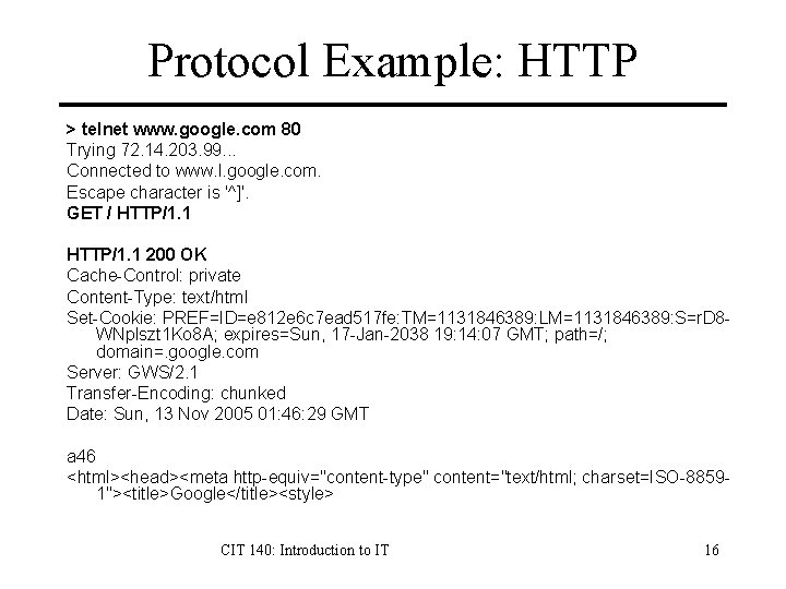 Protocol Example: HTTP > telnet www. google. com 80 Trying 72. 14. 203. 99.