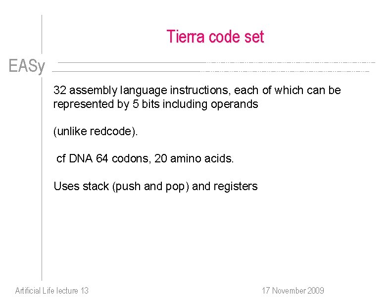 Tierra code set EASy 32 assembly language instructions, each of which can be represented