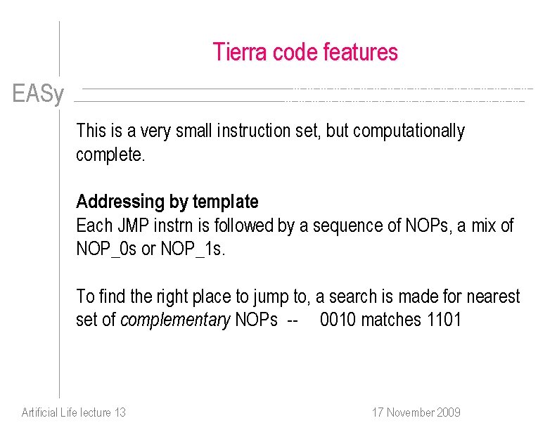 Tierra code features EASy This is a very small instruction set, but computationally complete.