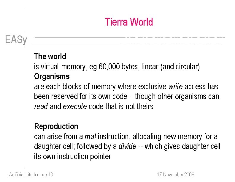 Tierra World EASy The world is virtual memory, eg 60, 000 bytes, linear (and