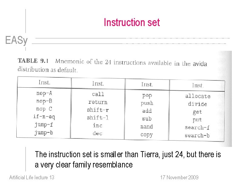 Instruction set EASy The instruction set is smaller than Tierra, just 24, but there